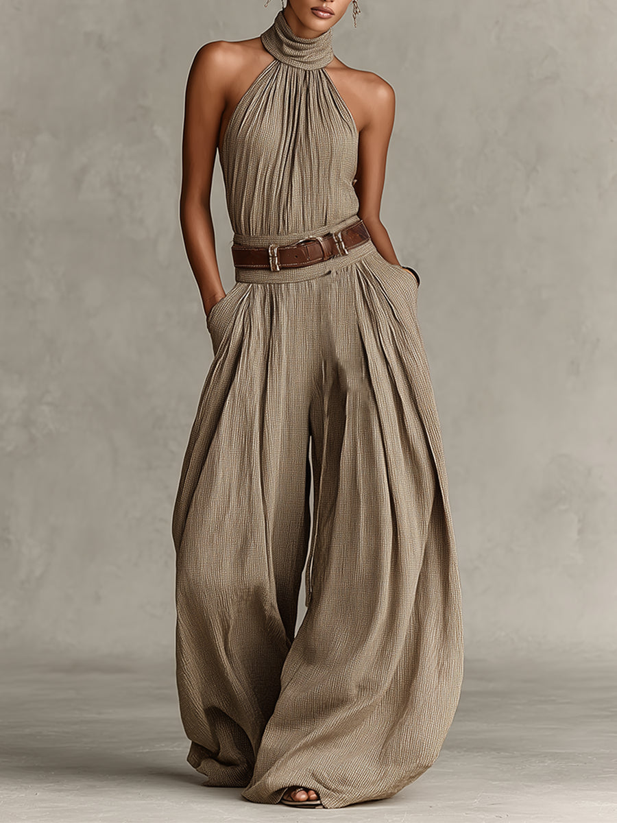 Caterina | Taupe wide leg jumpsuit with boho-style American neckline