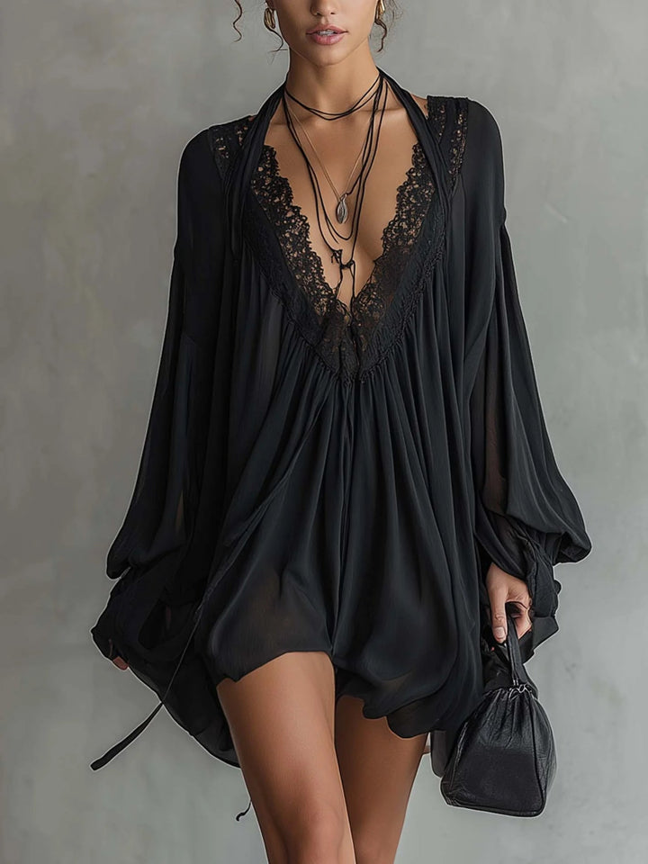 Serafina | Black Lace Chiffon Mini Dress