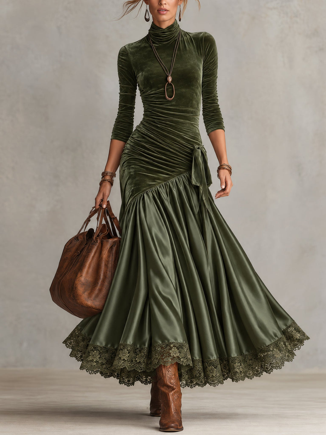 Olive Green Panelled Maxi Dress with Lace Hem