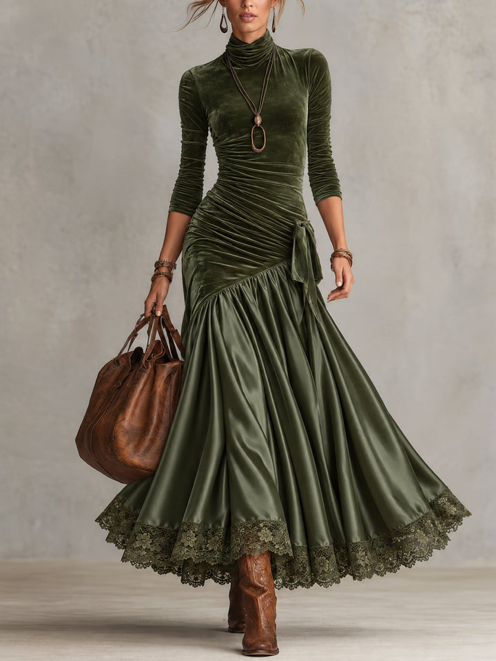 Olive Green Panelled Maxi Dress with Lace Hem
