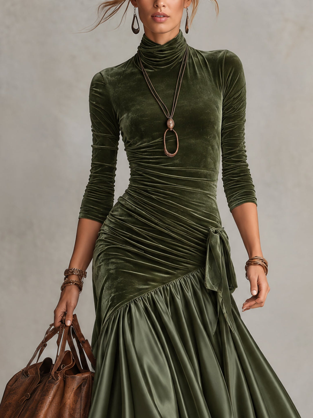 Olive Green Panelled Maxi Dress with Lace Hem