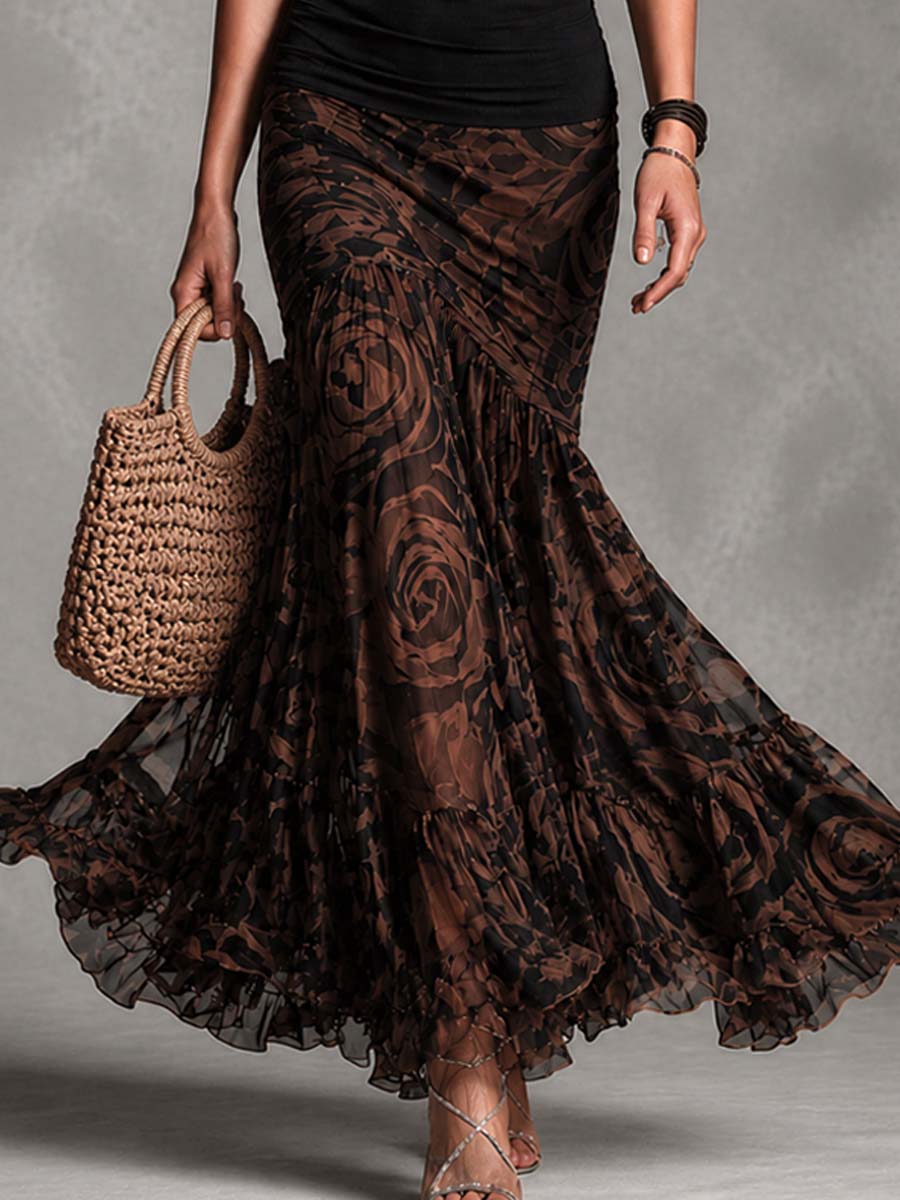 Lucilla | Black two-piece set with printed brown mermaid skirt