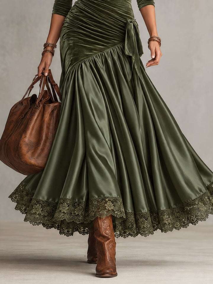 Olive Green Panelled Maxi Dress with Lace Hem