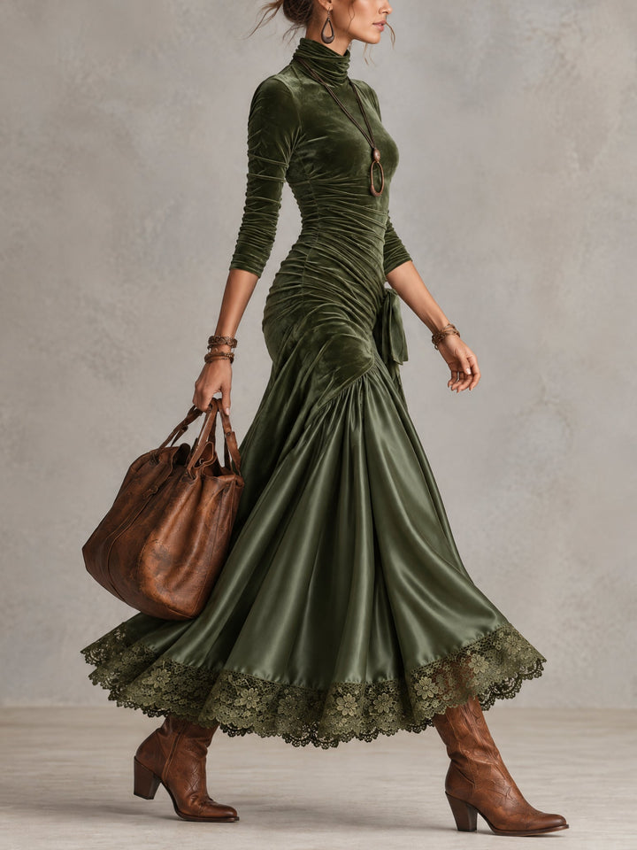 Olive Green Panelled Maxi Dress with Lace Hem