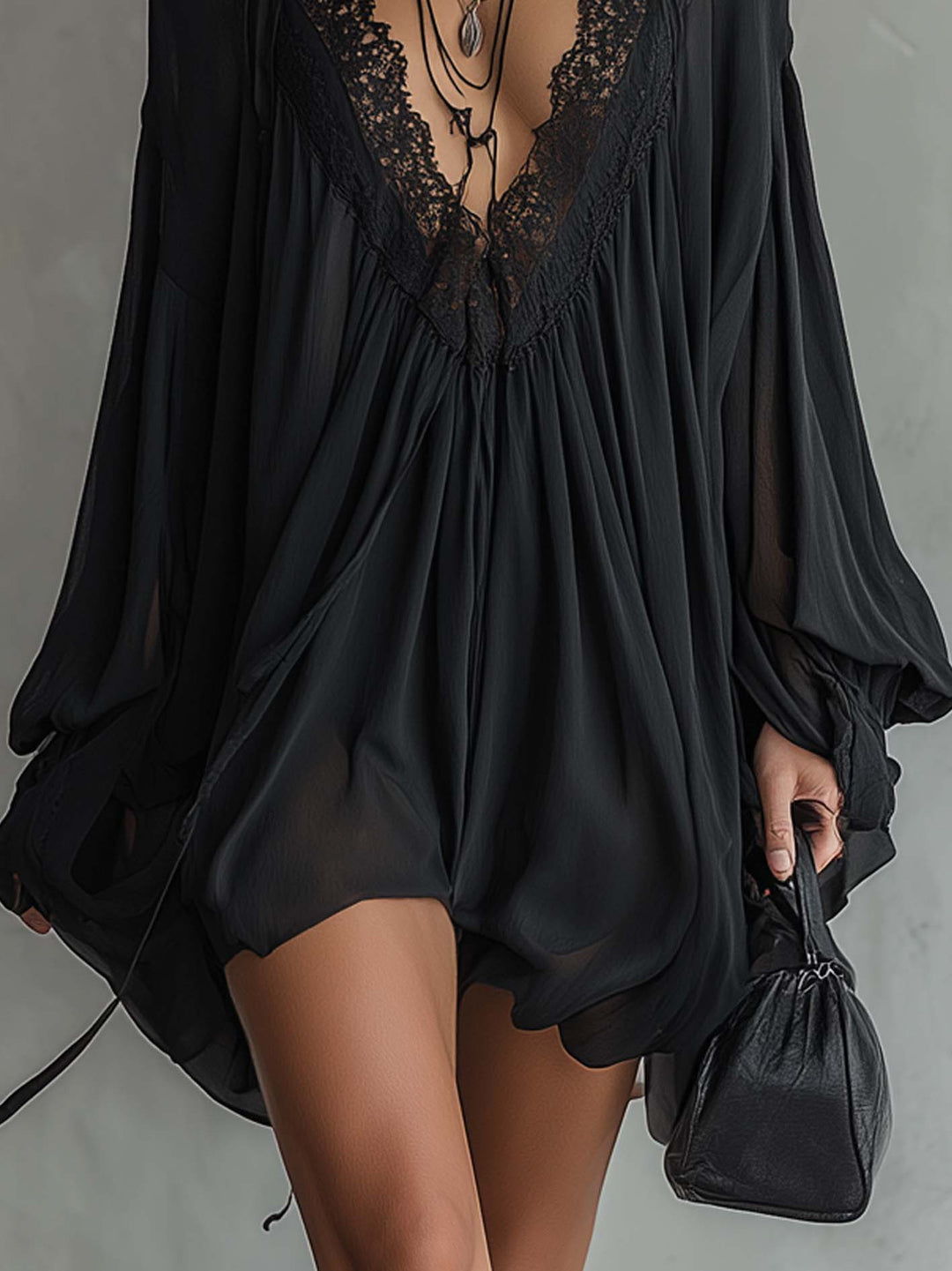 Serafina | Black Lace Chiffon Mini Dress