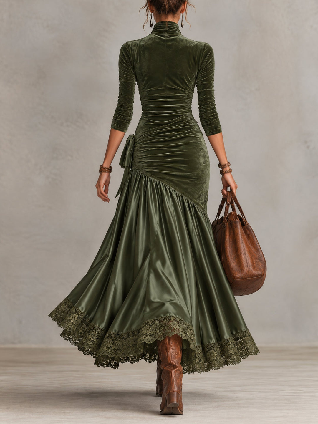 Olive Green Panelled Maxi Dress with Lace Hem