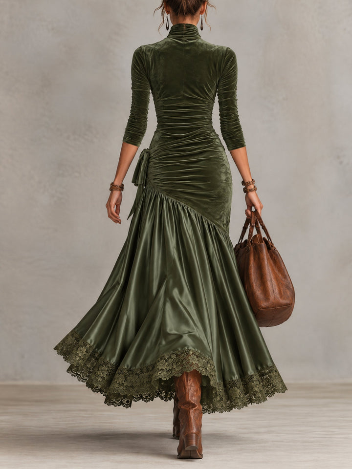Olive Green Panelled Maxi Dress with Lace Hem