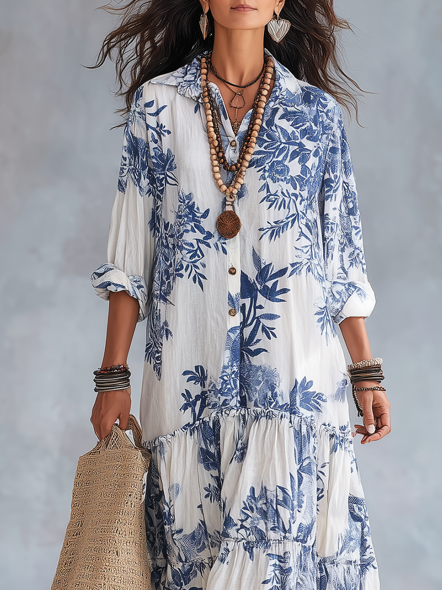 Dahlia Bohemian Blue Floral Maxi Dress - detail