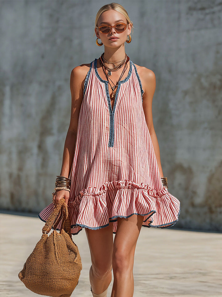 Fiammetta | Sleeveless striped mini dress with ruffles and round neckline