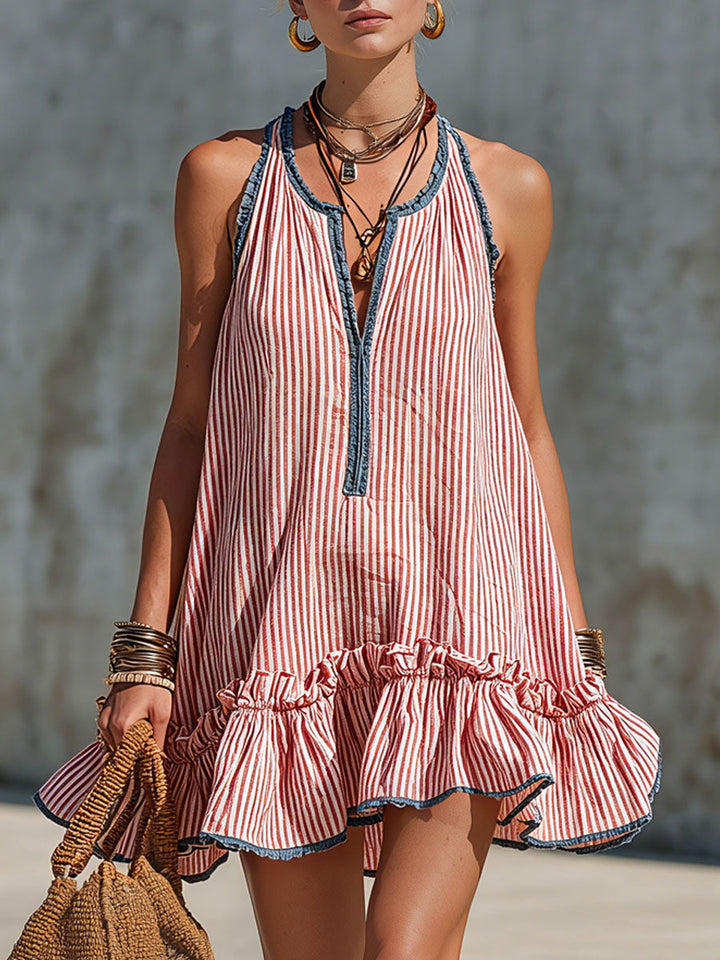 Fiammetta | Sleeveless striped mini dress with ruffles and round neckline