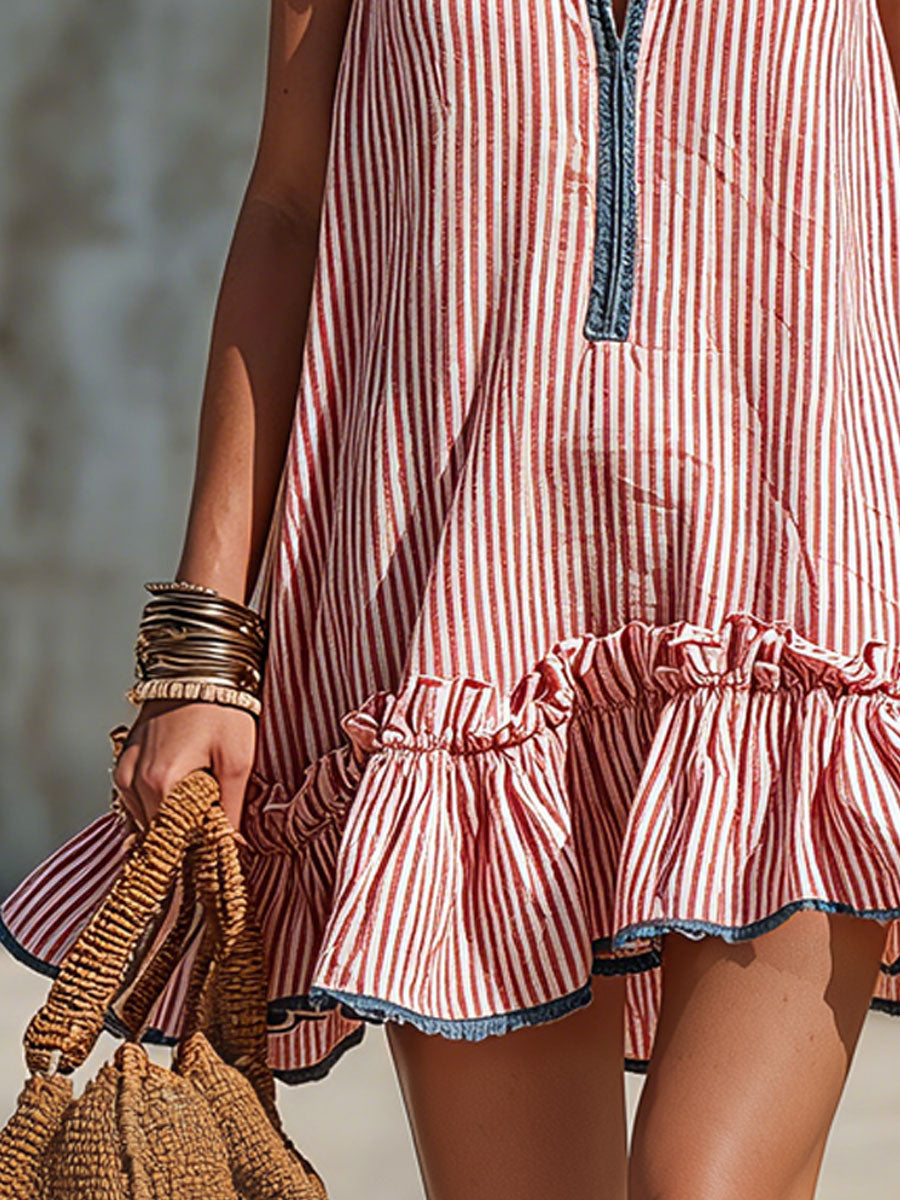 Fiammetta | Sleeveless striped mini dress with ruffles and round neckline