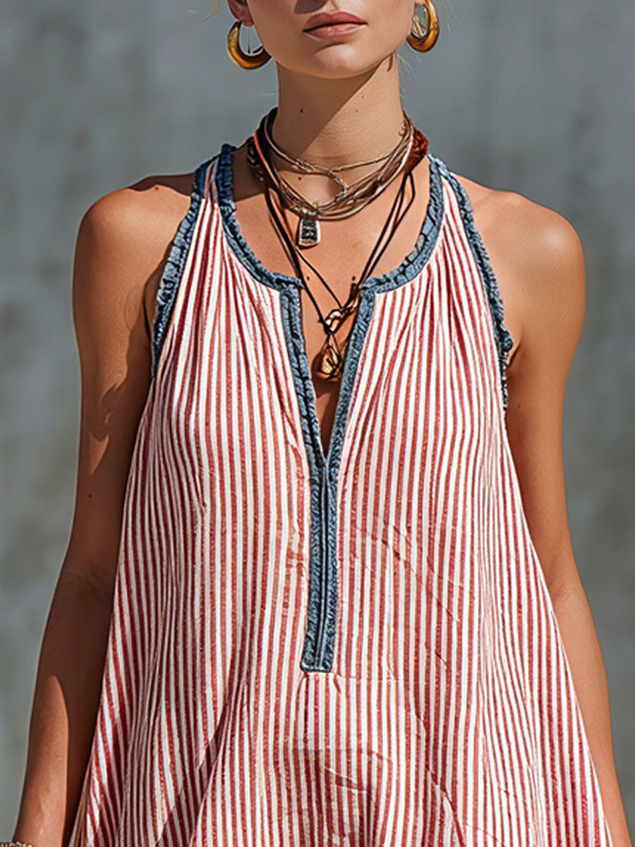 Fiammetta | Sleeveless striped mini dress with ruffles and round neckline