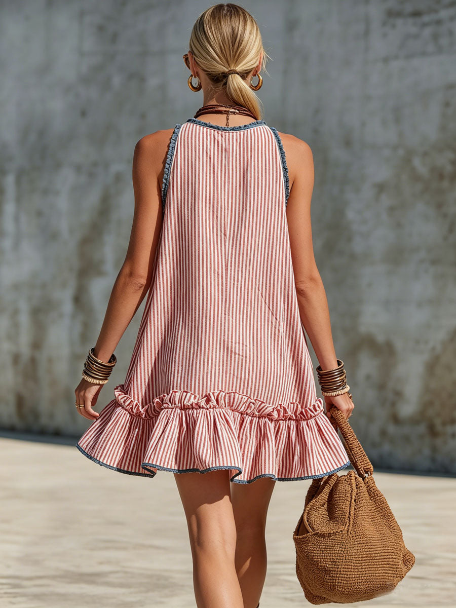 Fiammetta | Sleeveless striped mini dress with ruffles and round neckline