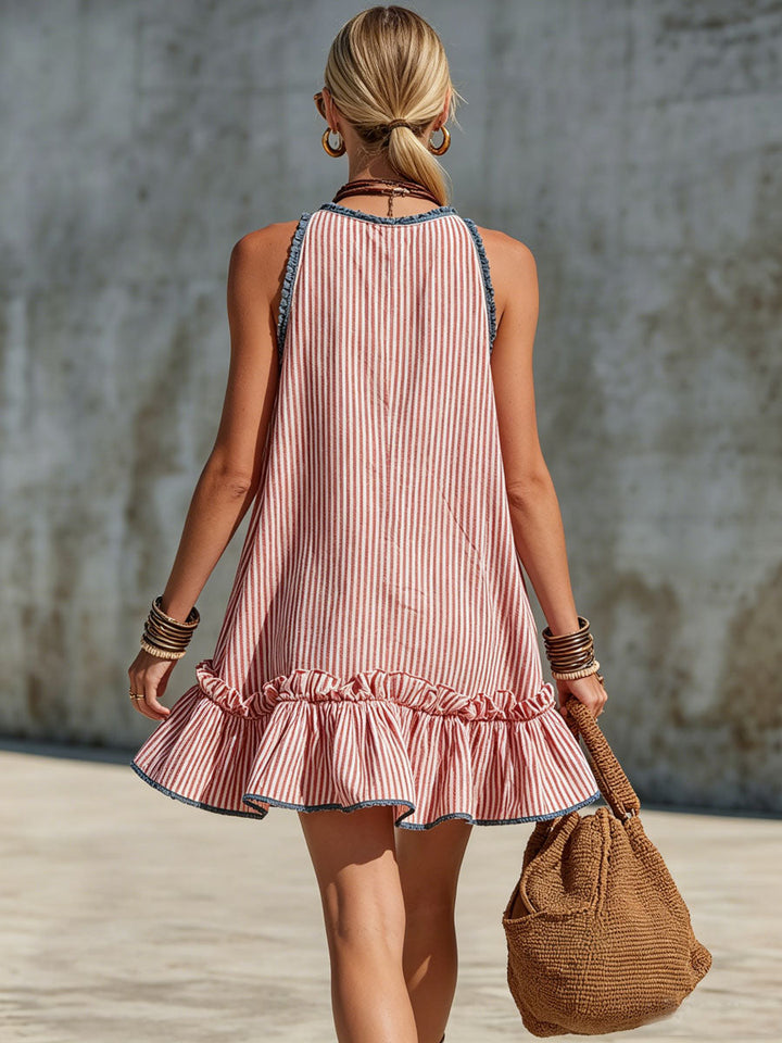 Fiammetta | Sleeveless striped mini dress with ruffles and round neckline