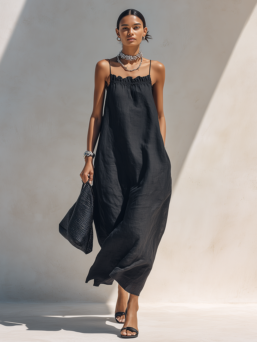 Greta | Maxi black dress with gathered neckline and thin straps