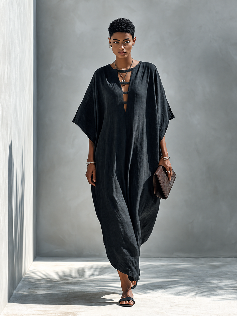 Gabriella | Elegant Black Maxi Dress With Deep V-Neck And Slit