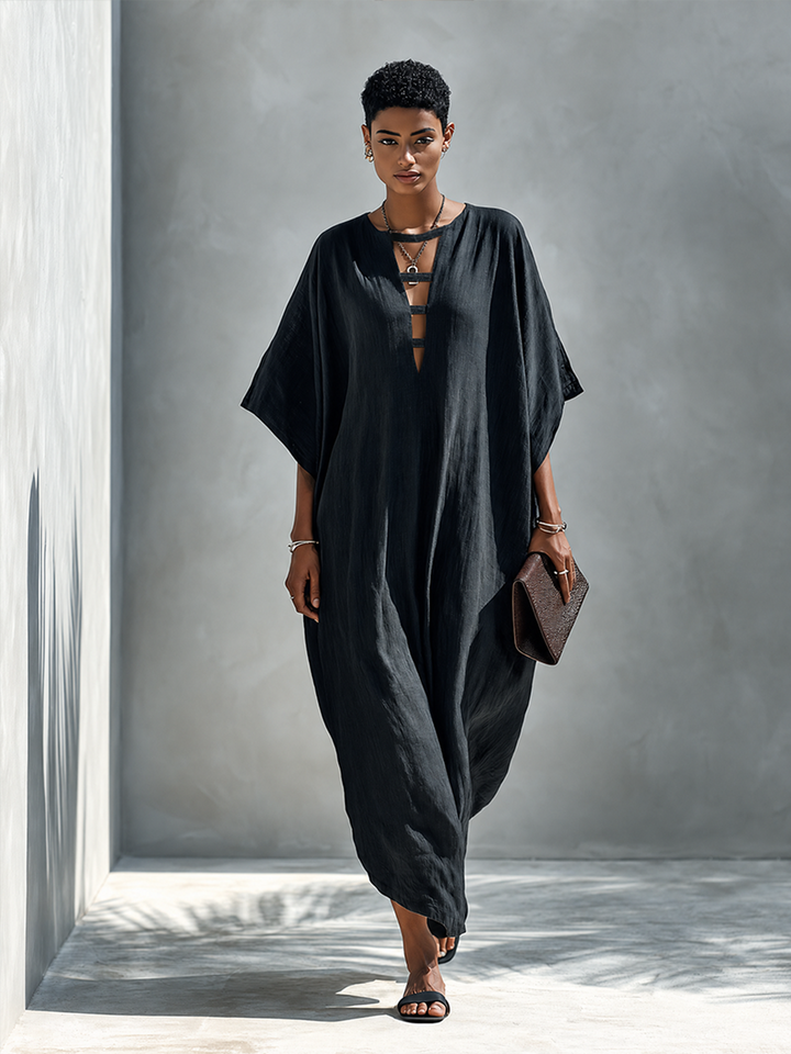 Gabriella | Elegant Black Maxi Dress With Deep V-Neck And Slit