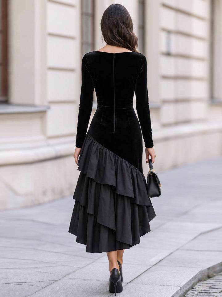 Evangeline | Black Velvet Satin Asymmetrical Ruffle High-Low Midi Dress