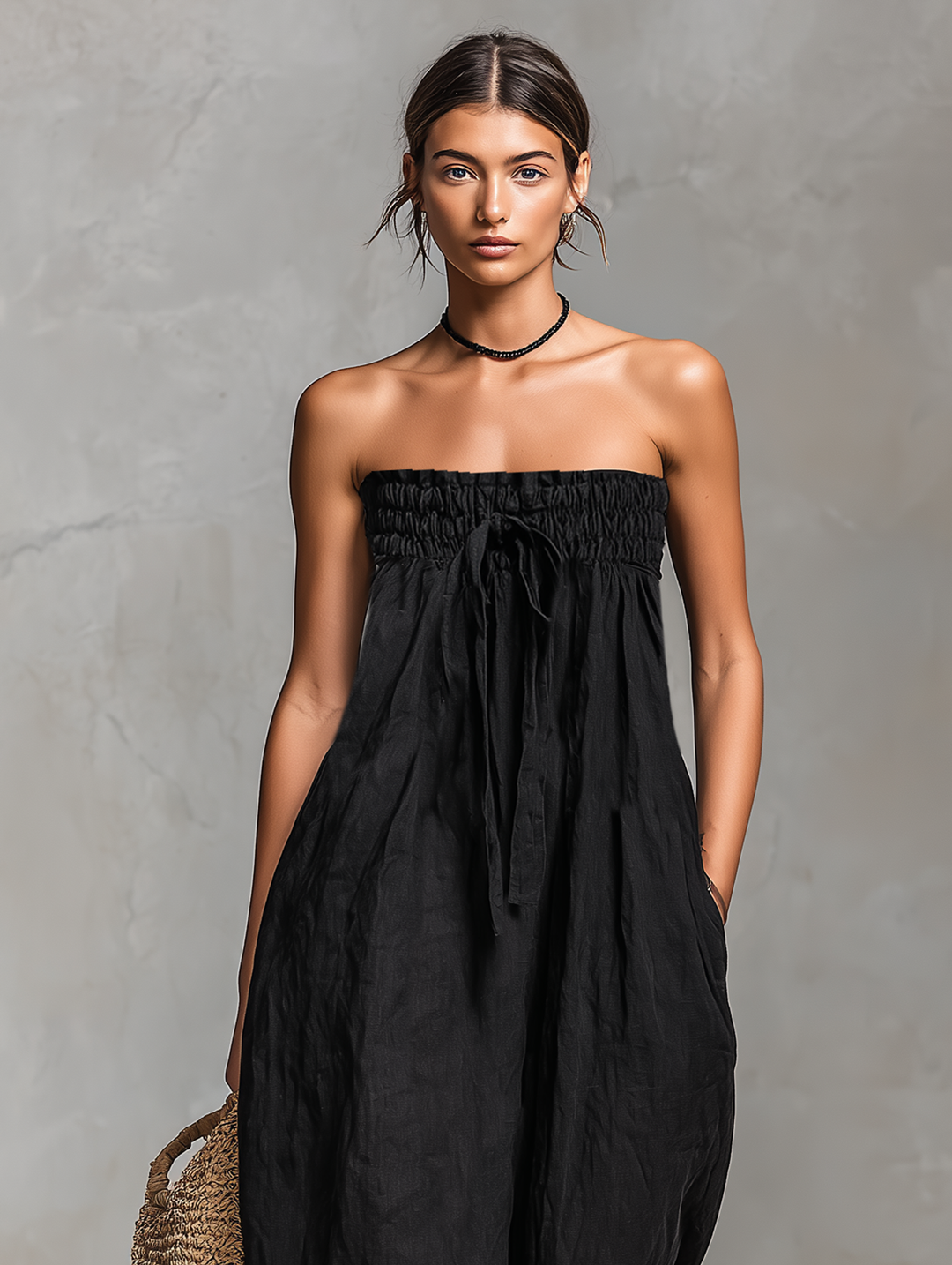 Susan - Women's Minimalist Linen Blend Strapless Jumpsuit with Tie Closure