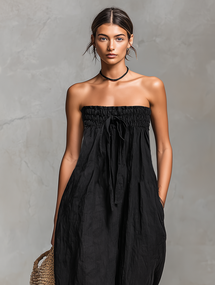 Susan - Women's Minimalist Linen Blend Strapless Jumpsuit with Tie Closure