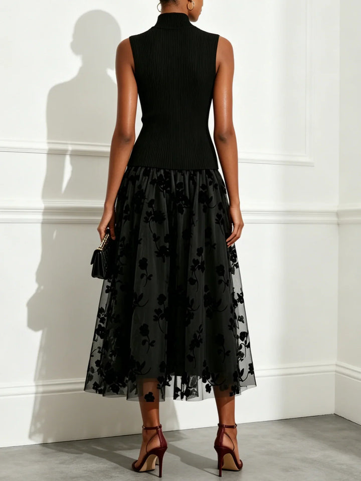 Henrietta | Flocked Knit High Neck Drop-Waist Sleeveless A-Line Maxi Dress