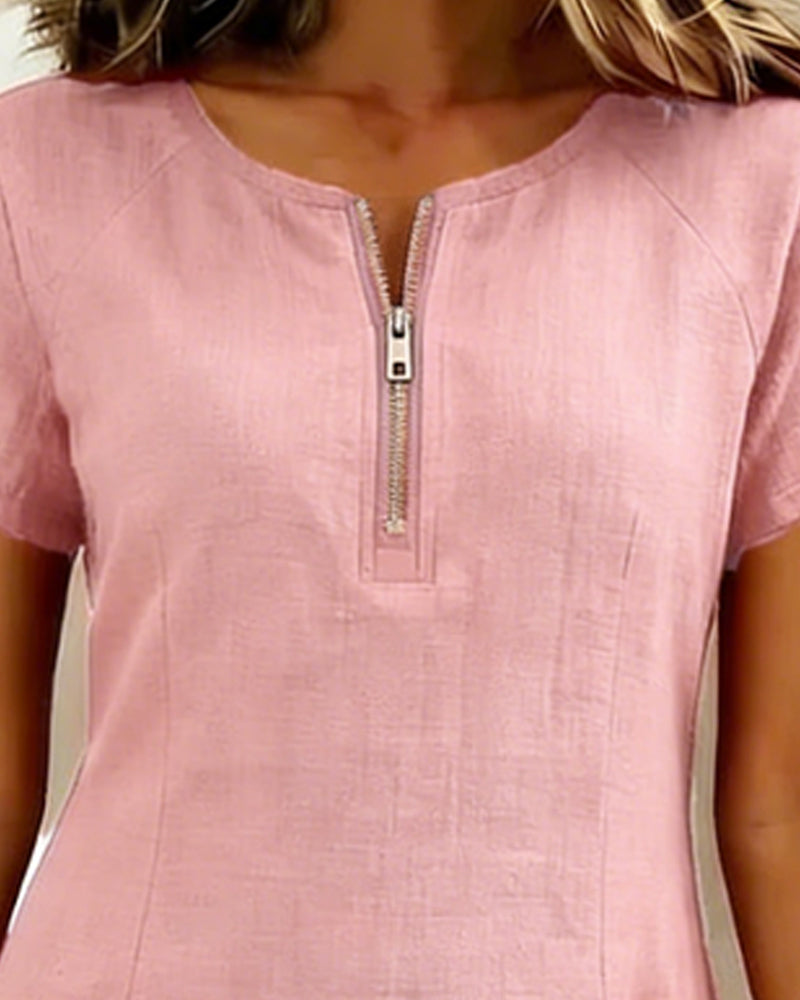 Susan | Cotton Linen Dress with Half-Zip