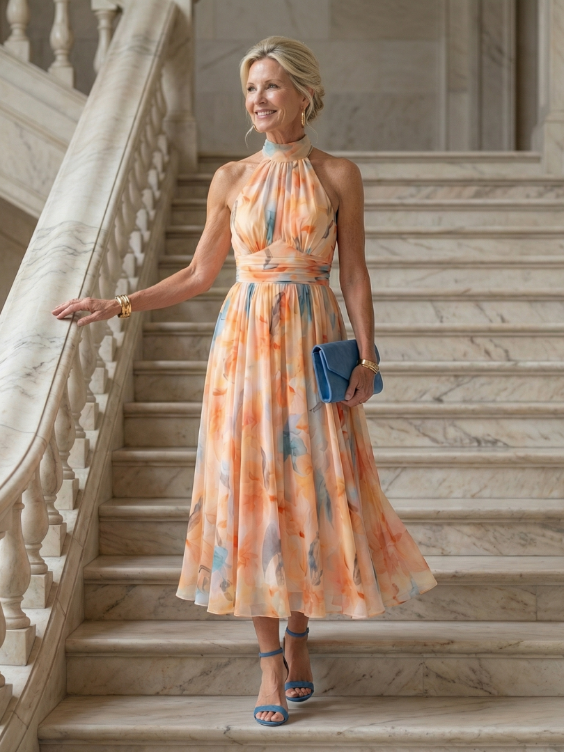 Elin - Soft Floral Halter Midi Dress