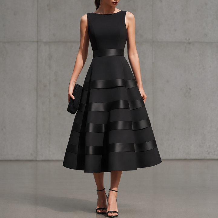 Annabella | Black sleeveless midi dress with flared skirt and defined waist