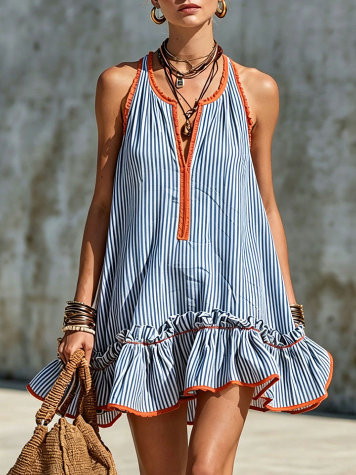 Fiammetta | Sleeveless striped mini dress with ruffles and round neckline