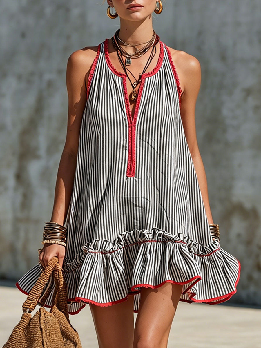 Fiammetta | Sleeveless striped mini dress with ruffles and round neckline