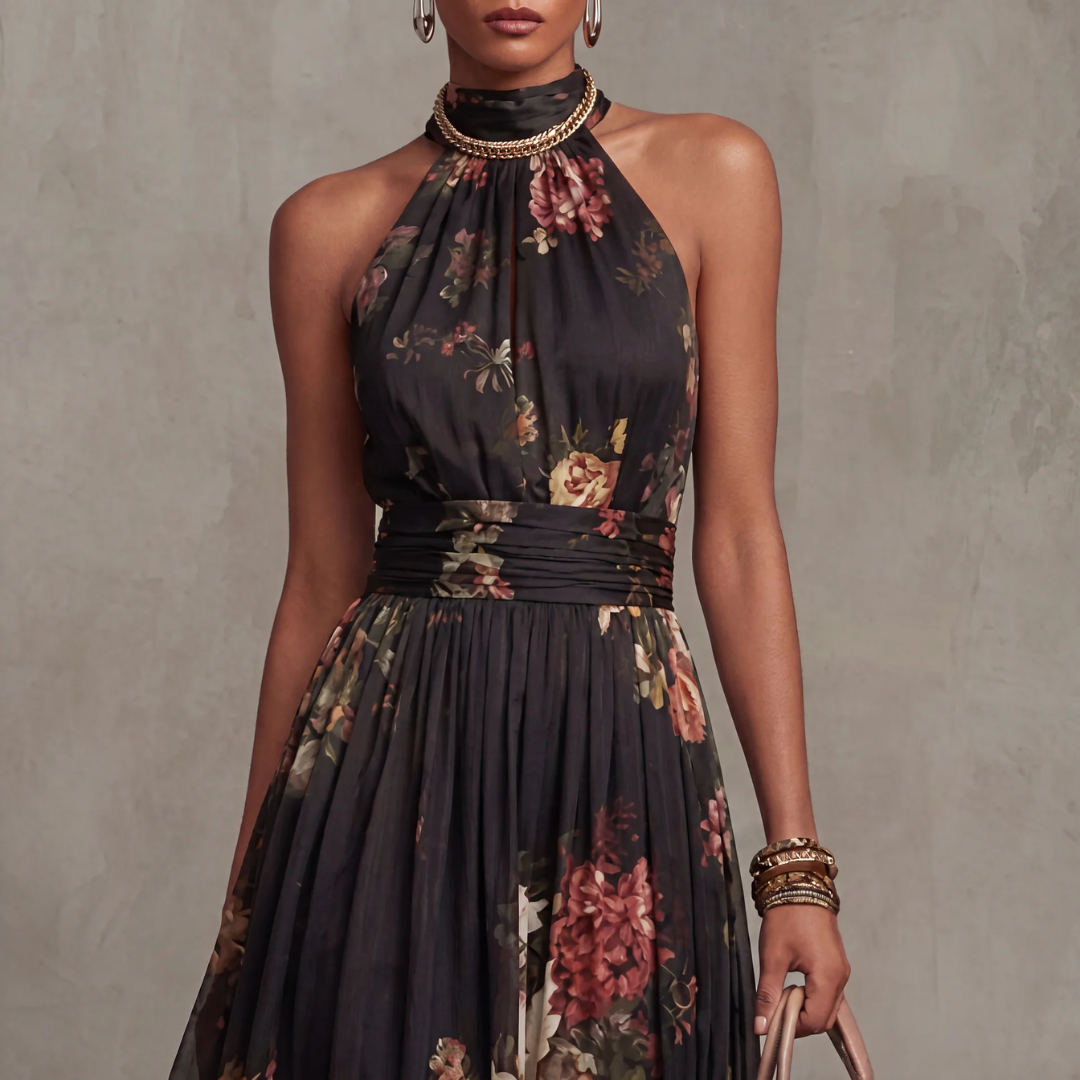 Sylvie - Vintage Floral Halter Maxi Dress