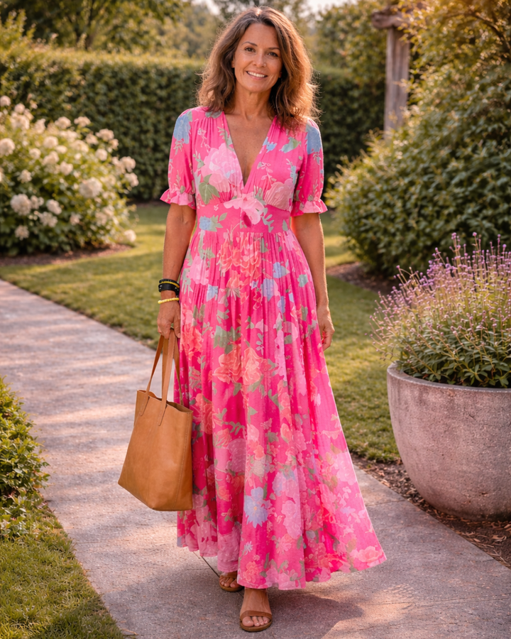 Ione | Sleeveless Floral Midi Dress with V-Neck