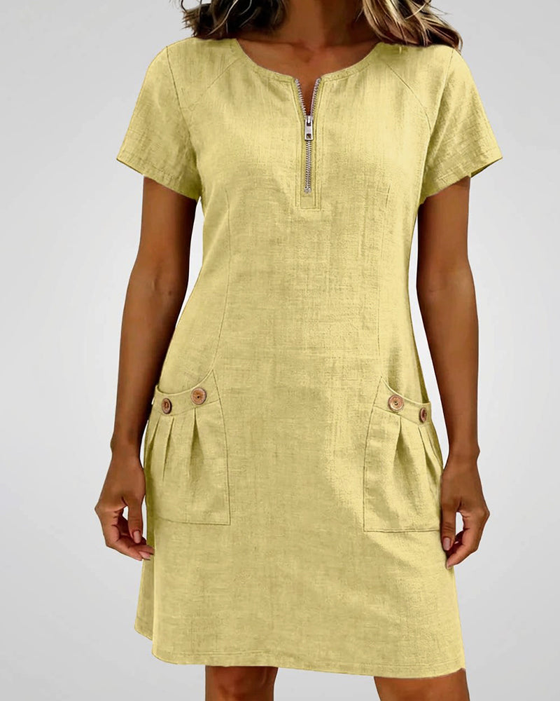 Susan | Cotton Linen Dress with Half-Zip