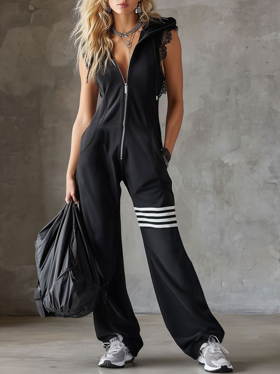 Daniela - Retro sporty jumpsuit with hood and stripes