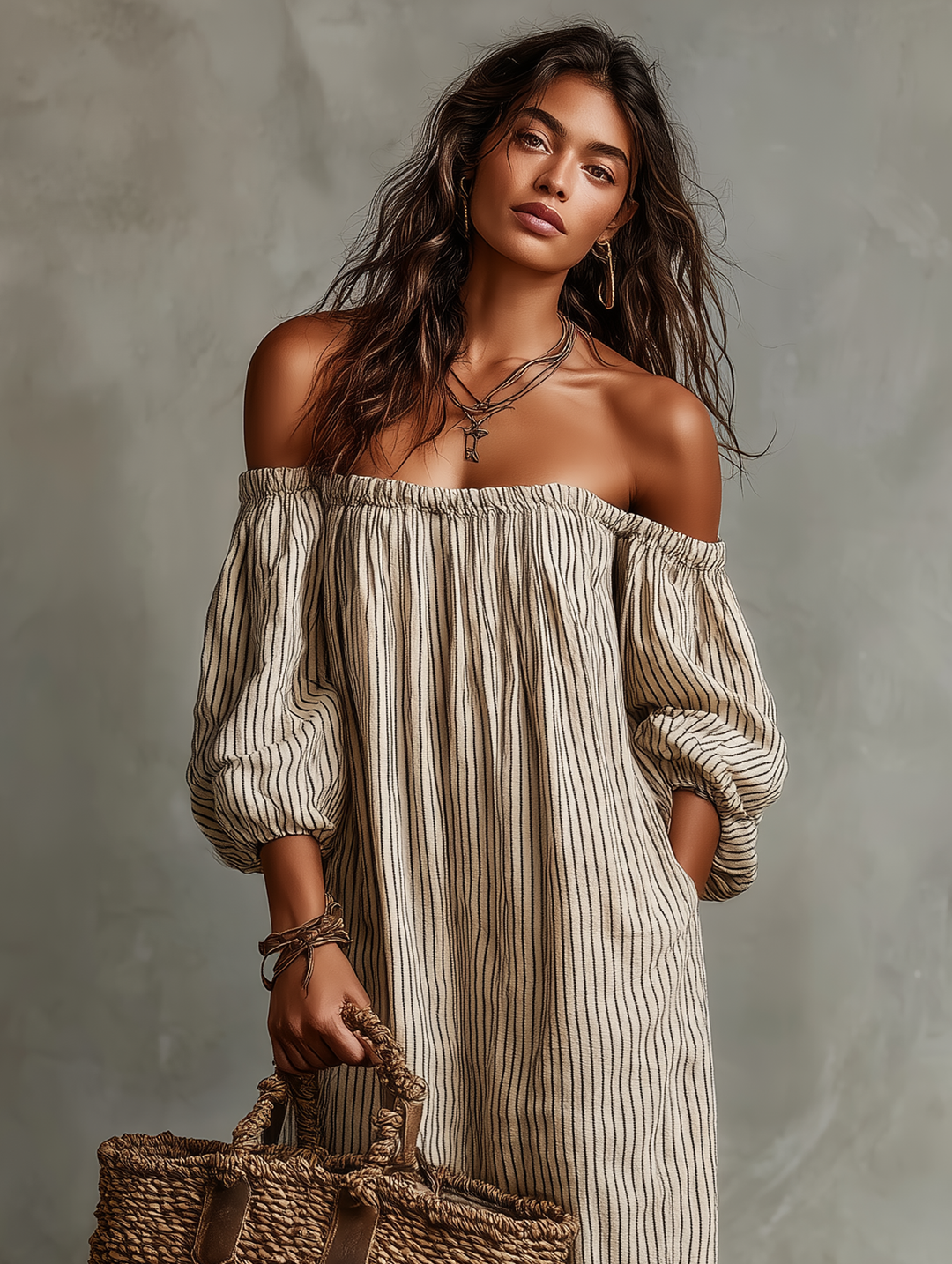 Carmen - Long cotton and linen dress with off-the-shoulder design