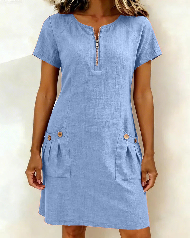 Susan | Cotton Linen Dress with Half-Zip