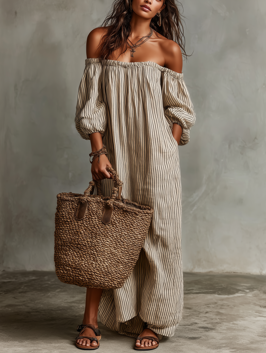 Carmen - Long cotton and linen dress with off-the-shoulder design