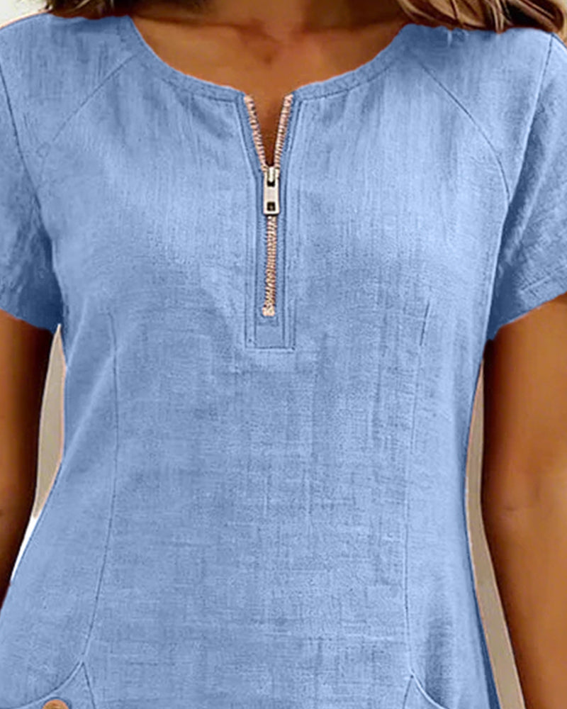 Susan | Cotton Linen Dress with Half-Zip