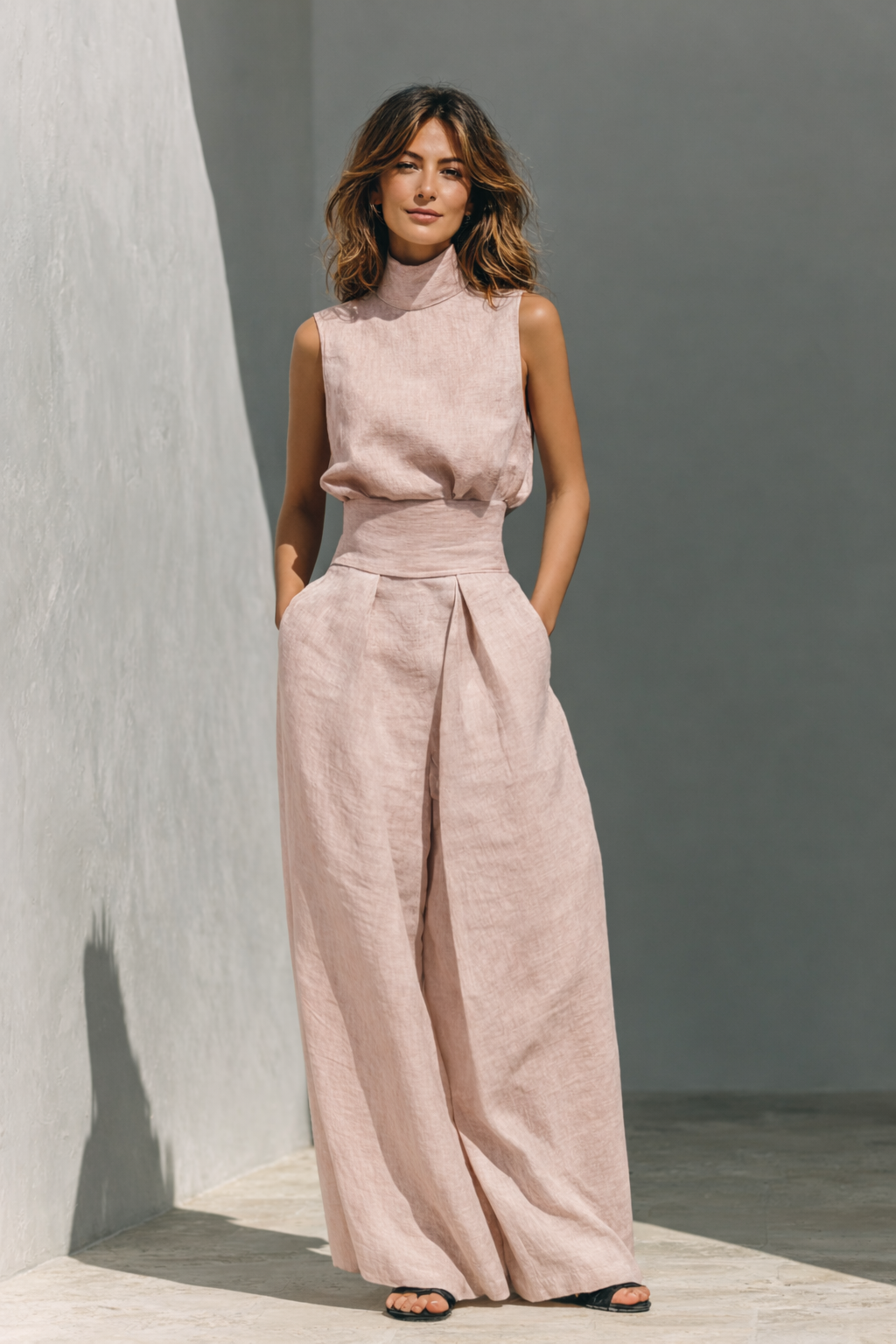 Maria - Complete set with tank top and wide-leg cotton and linen minimalist pants for women