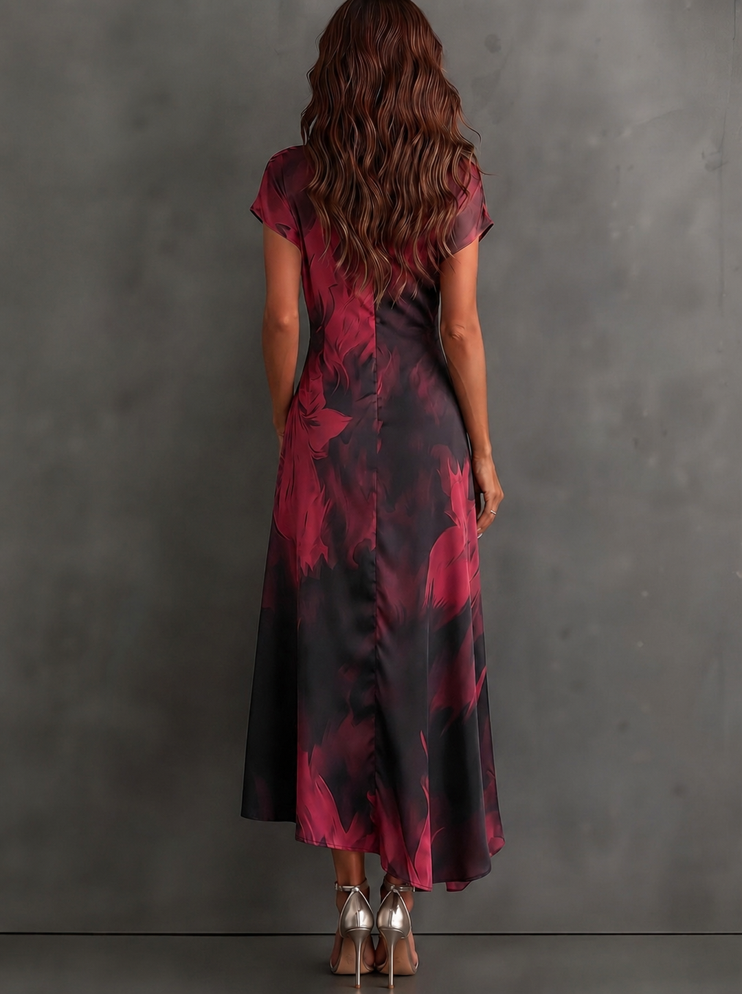 Beatrice | Midi Wrap Dress in Abstract Print, Bordeaux