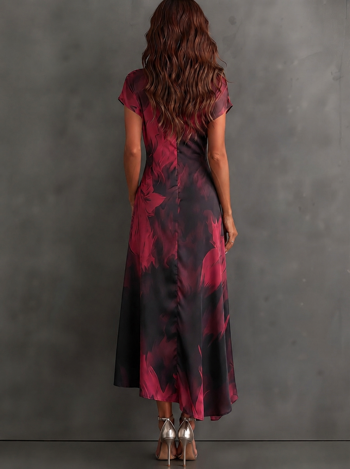 Beatrice | Midi Wrap Dress in Abstract Print, Bordeaux