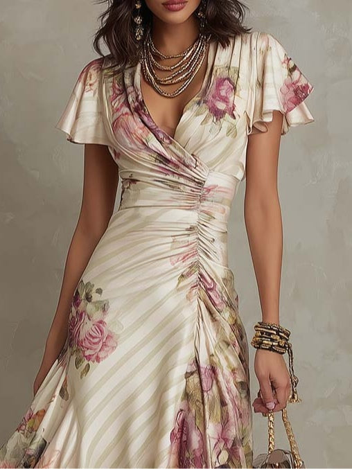 Albas - Elegant Retro Floral Satin Midi Dress