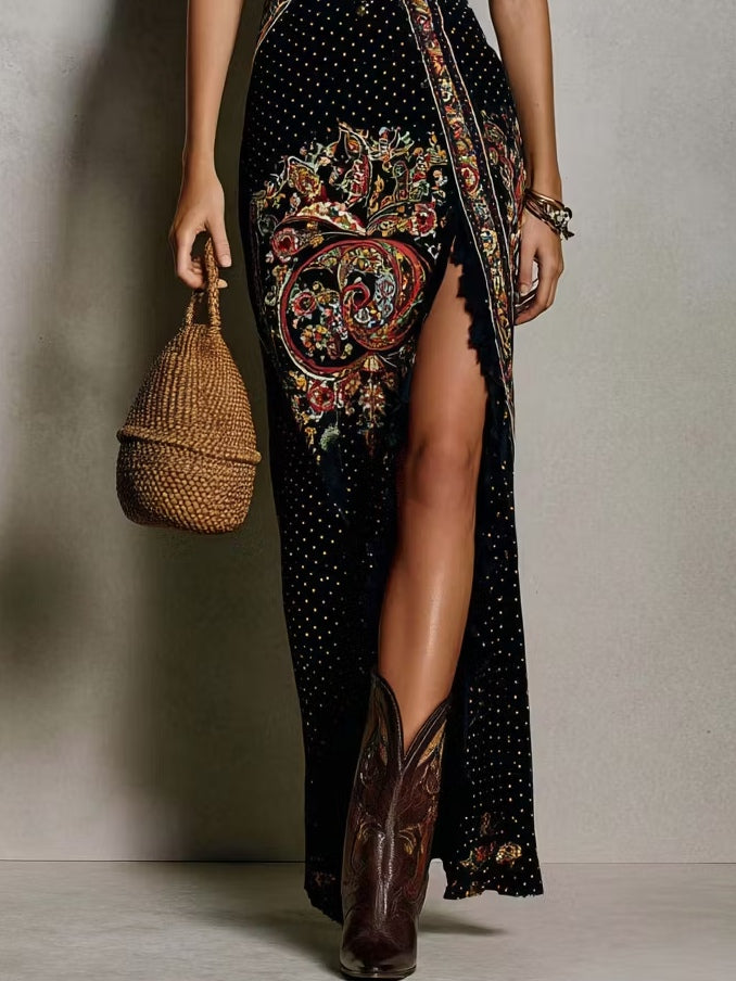 Amy | Bohemian-Style Printed Dress with Deep V-Neck and High Slit