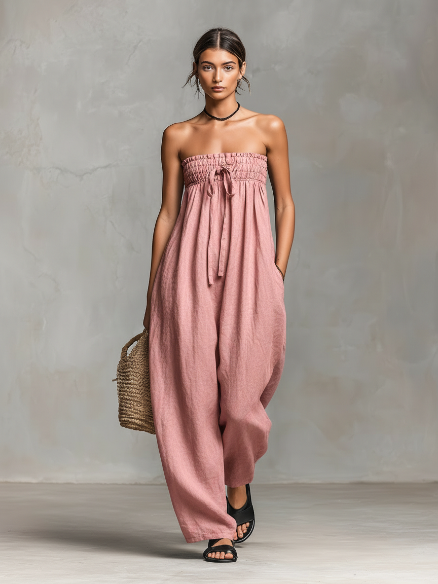 Susan - Women's Minimalist Linen Blend Strapless Jumpsuit with Tie Closure