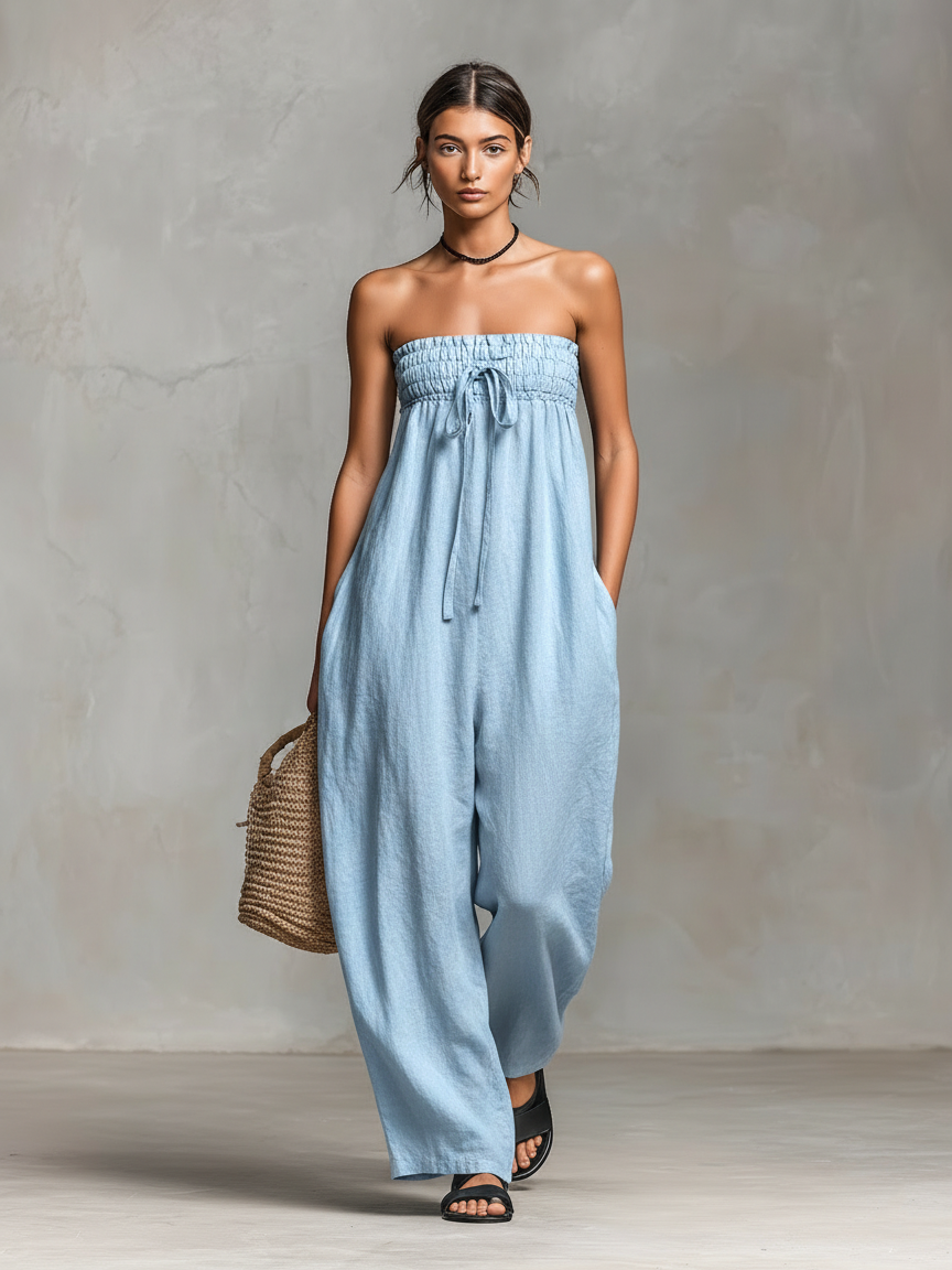 Susan - Women's Minimalist Linen Blend Strapless Jumpsuit with Tie Closure