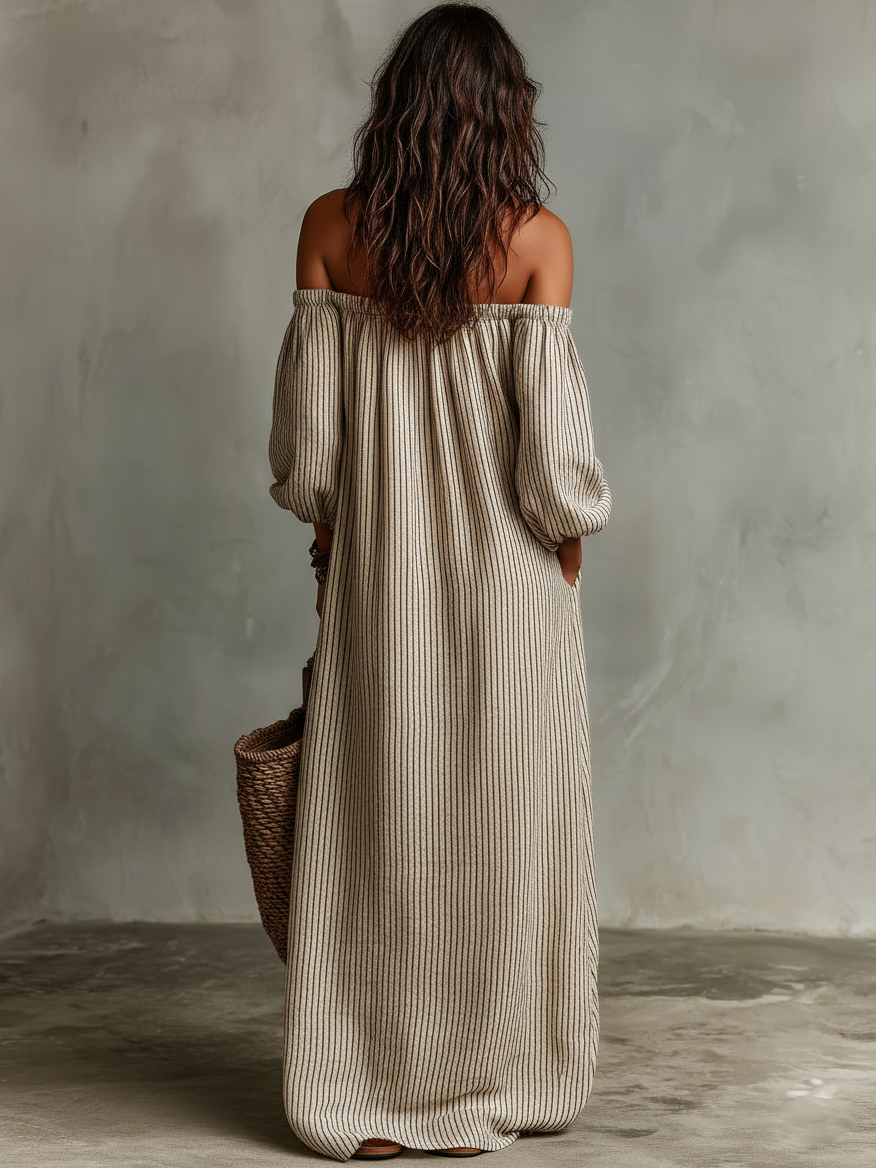 Carmen - Long cotton and linen dress with off-the-shoulder design