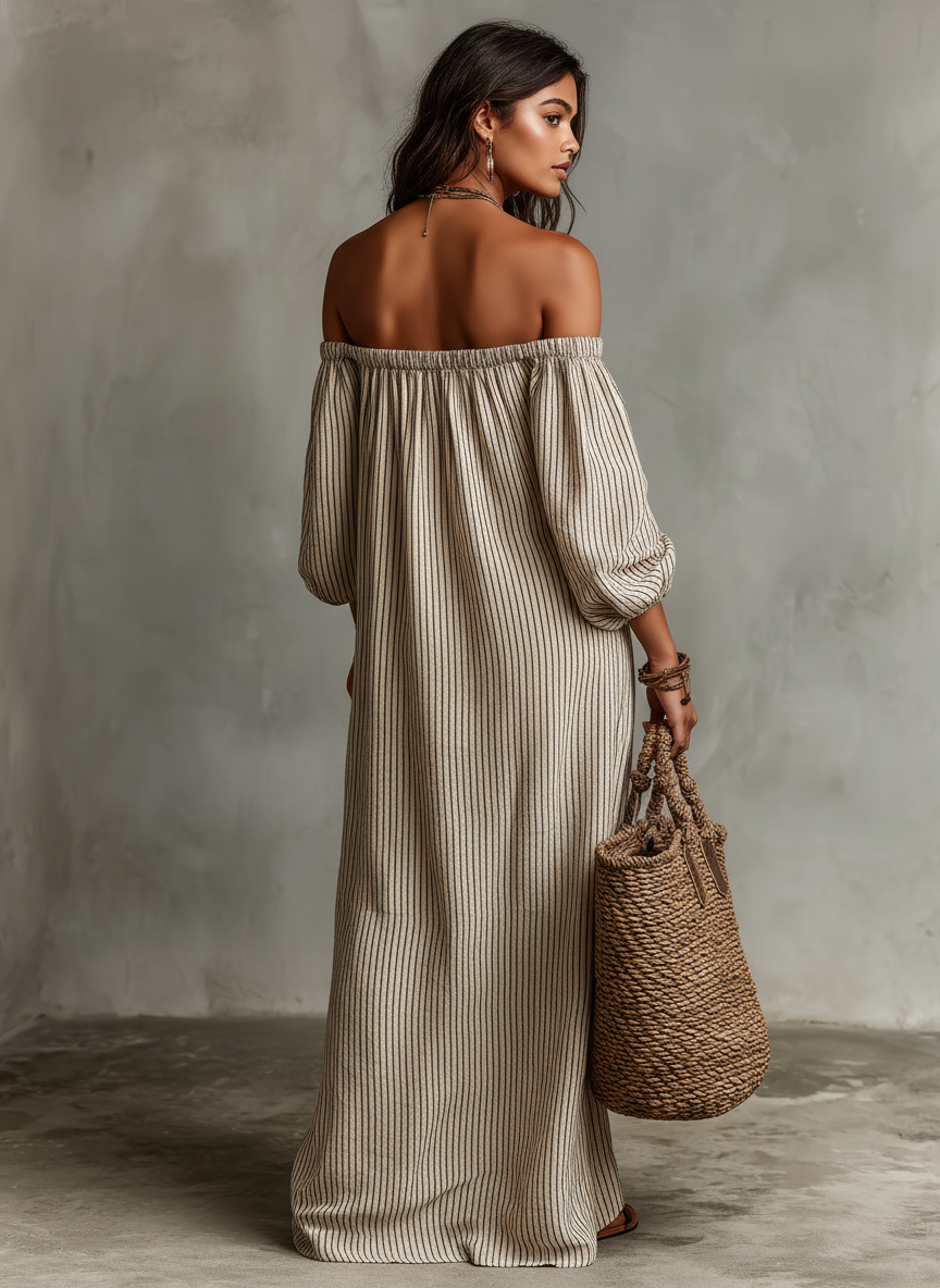 Carmen - Long cotton and linen dress with off-the-shoulder design