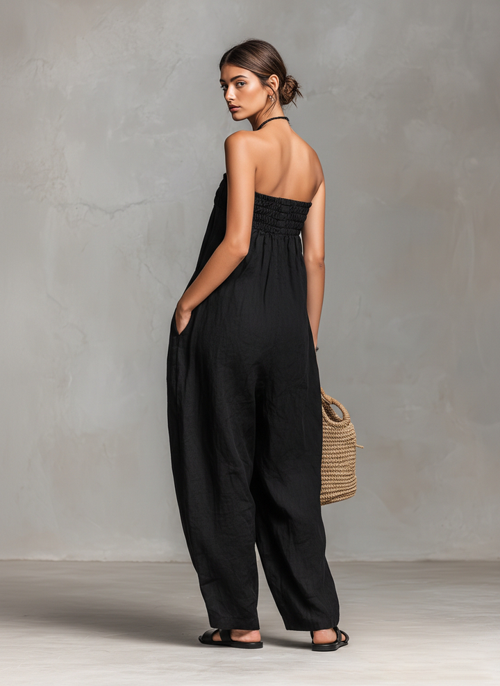 Susan - Women's Minimalist Linen Blend Strapless Jumpsuit with Tie Closure