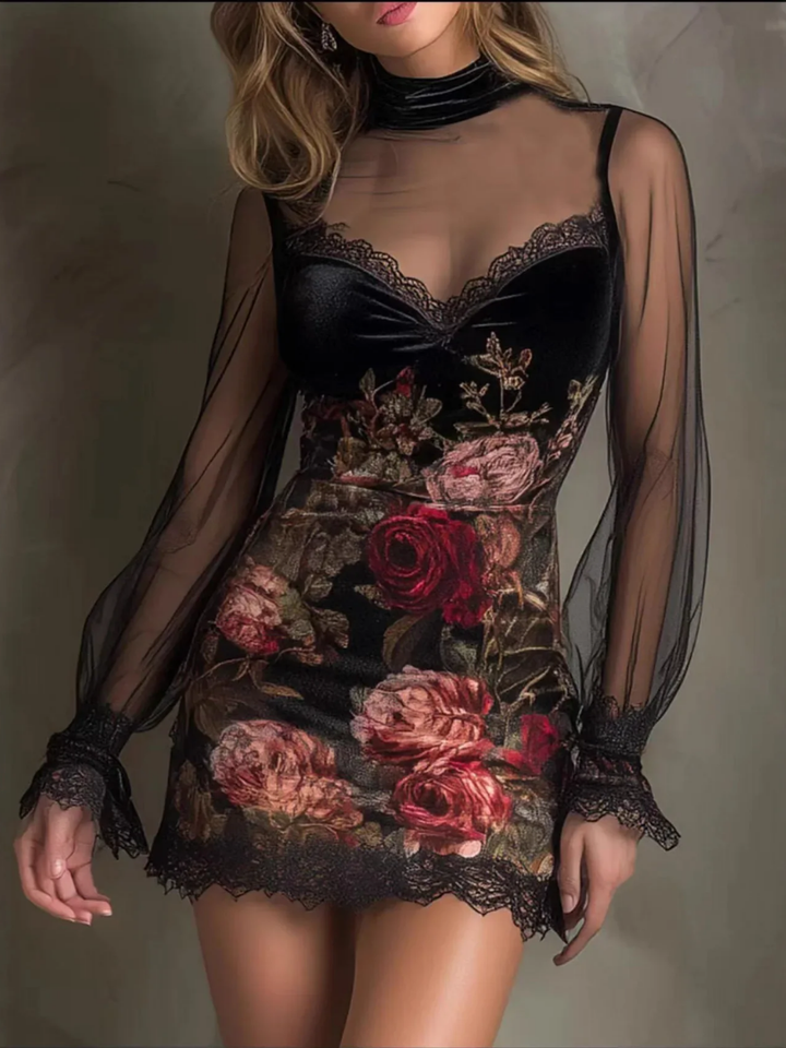 Marie - Elegant Velvet Mini Dress with Sheer Sleeves