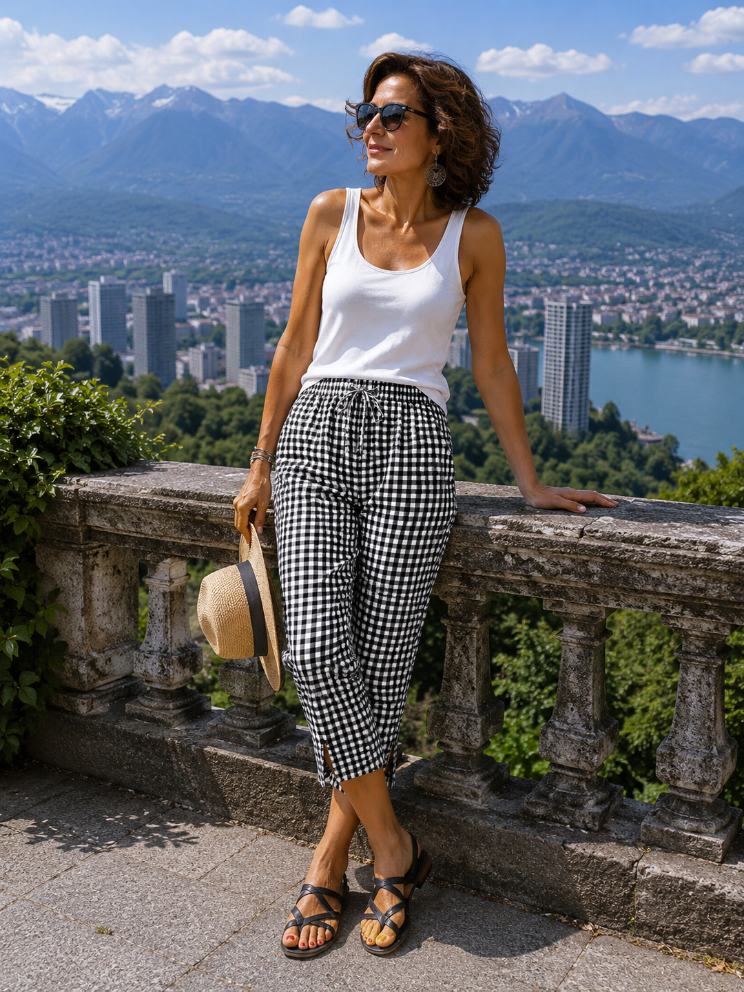 Novirae - Women's Vichy Check Capri Pants with Relaxed Fit